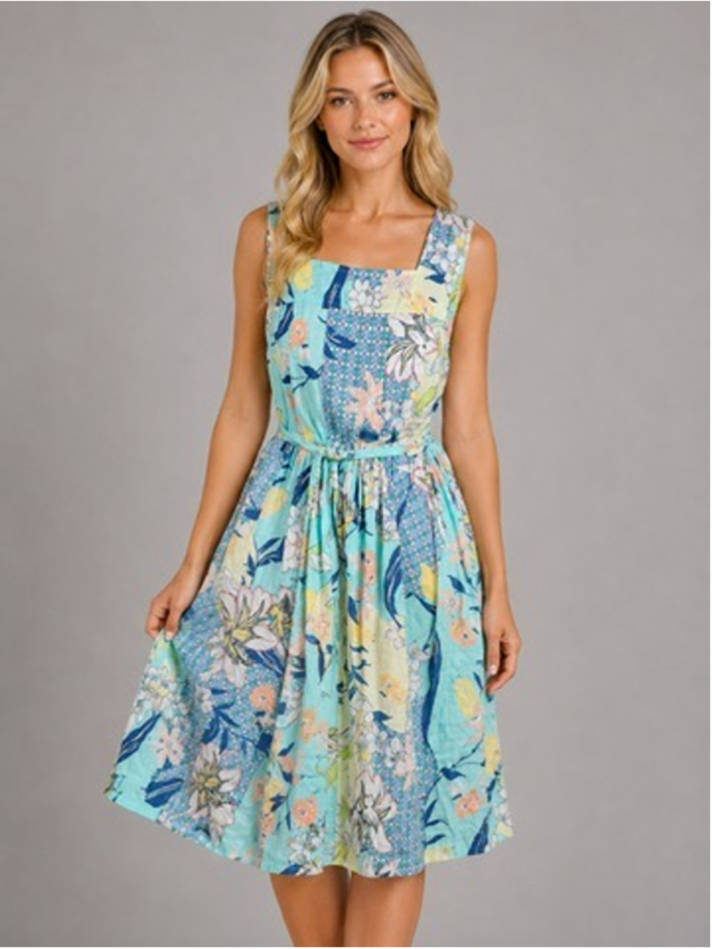 Malvin Germany Linen Patchwork Floral Sun Dress Skater Cottage Midi Boho Size 10
